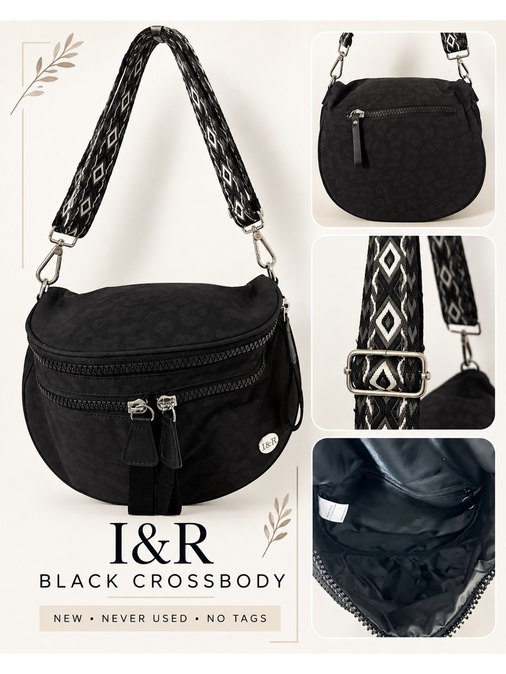 I&R Black Crossbody Bag with Geometric Strap - New